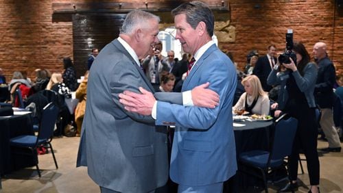 Georgia Speaker of the House David Ralston (left) and Gov. Brian Kemp have put aside their past differences to form a tighter bond. On Thursday, their closer relationship was on full display when Ralston endorsed Kemp's reelection. (Hyosub Shin / Hyosub.Shin@ajc.com)