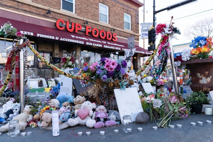 A memorial outside of Cup Foods in Minneapolis on Monday, March 29, 2021, marks the site where George Floyd was killed last May while in police custody. (Aaron Nesheim/The New York Times)
