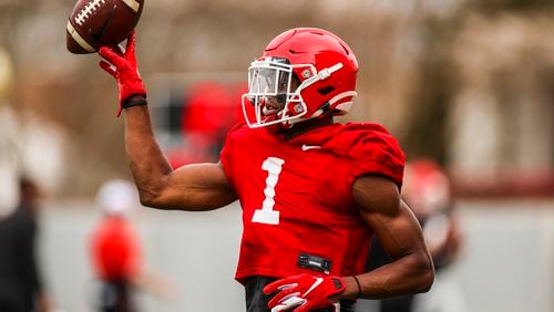 Georgia wide receiver George Pickens (1) during the Bulldogs’ practice session Tuesday, March 23, 2021, outside the Butts-Mehre football complex in Athens. (Tony Walsh/UGA)