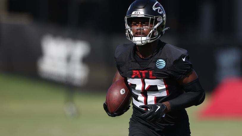 Falcons safety Jaylinn Hawkins, who suffered a leg injury last week and didn’t play in the exhibition game against the Lions, is set to return to full action Tuesday. (Jason Getz / Jason.Getz@ajc.com)