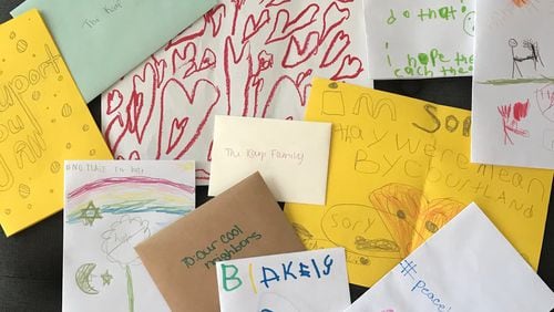 A sampling of the cards that members of the Edenwilde Cares community group created for Hilary Karp, who woke recently to find anti-Semitic drawings on her driveway in Milton. CONTRIBUTED