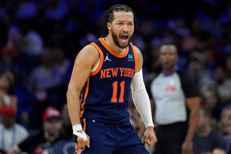 New York Knicks' Jalen Brunson reacts during the first half of Game 4 in an NBA basketball first-round playoff series against the Philadelphia 76ers, Sunday, April 28, 2024, in Philadelphia. (AP Photo/Matt Slocum)