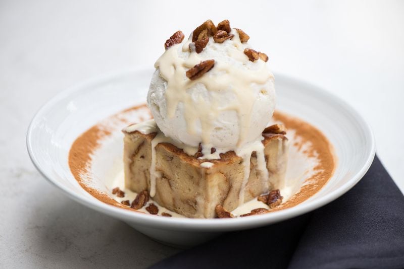  Bourbon Apple Bread Pudding with white chocolate chips and spiced creme Anglaise. Photo credit- Mia Yakel.