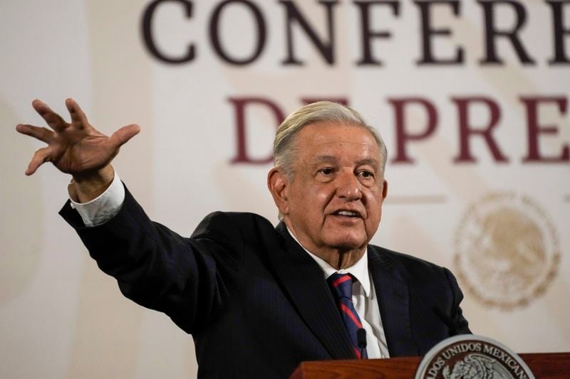 Mexican President Andres Manuel Lopez Obrador gives his regularly scheduled morning press conference at the National Palace in Mexico City, Tuesday, April 16, 2024. (AP Photo/Marco Ugarte)