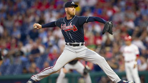 Mike Foltynewicz retired the first 13 batters that he faced before allowing a solo home run in the fifth inning of Monday's Braves-Phillies game in Philadelphia. (Photo by Mitchell Leff/Getty Images)