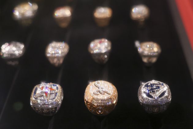The World Series Championship ring from the Atlanta Braves 2021 is shown with other World Series rings at the National Baseball Hall of Fame, Thursday, May 23, 2024, in Cooperstown, NY. (Jason Getz / AJC)
