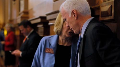 Bob Gray, one of 11 candidates in the Sixth District congressional race, talks with Speaker pro tem Jan Jones, R-Johns Creek, on the floor of the House on Wednesday. Bob Andres, bandres@ajc.com