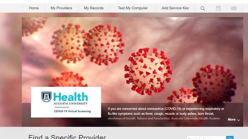 A screen grab of the desktop version of the AU Health ExpressCare app, a screening tool launched statewide to help Georgians access testing for the coronavirus.