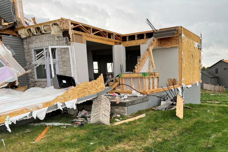 A destroyed house is seen northwest of Omaha, Neb., after storms swept through the area on Friday, April 26, 2024. (AP Photo/Margery A. Beck)