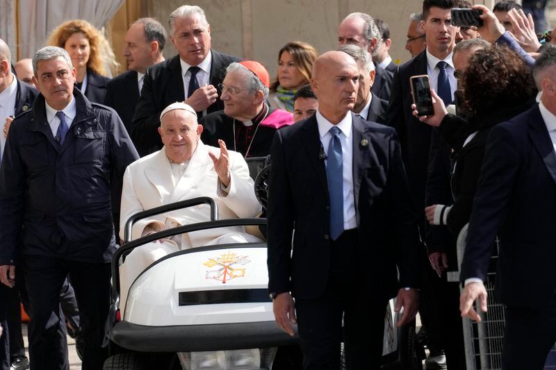Pope Francis arrives in St. Mark's Square to celebrate a mass in Venice, Italy, Sunday, April 28, 2024. The Pontiff arrived for his first-ever visit to the lagoon town including the Vatican pavilion at the 60th Biennal of Arts. (AP Photo/Antonio Calanni)