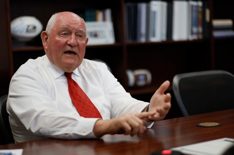 Chancellor Sonny Perdue speaks in an interview at his office in downtown Atlanta on March 22, 2023. A veteran of Georgia politics, Perdue has navigated the challenges as he concludes his first year as chancellor of the University System of Georgia. (Miguel Martinez /miguel.martinezjimenez@ajc.com)