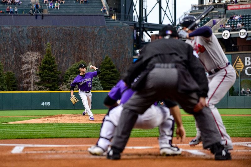 Braves' Freddie Freeman stands in against Colorado pitcher Kyle Freeland April 8, 2019, at Coors Field in Denver.