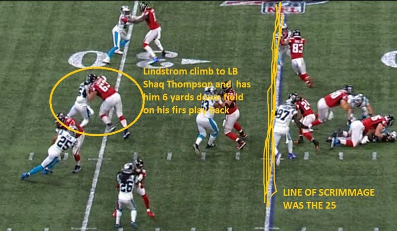 Falcons guard Chris Lindstrom climbed to the second level to block Panthers linebacker Shaq Thompson six yards down the field on his first play back from a broken foot. (Screen grab of Fox Broadcast from Gamepass.NFL.Com)