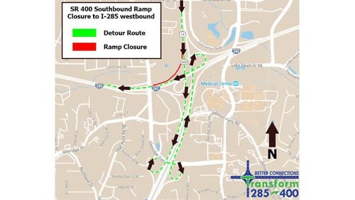 Map depicts the recommended detour when the ramp from southbound Ga. 400 to westbound I-285 is closed. GEORGIA DEPARTMENT OF TRANSPORTATION