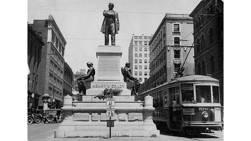 A streetcar passes the statue of Henry Grady on Marietta Street in downtown Atlanta in 1933.