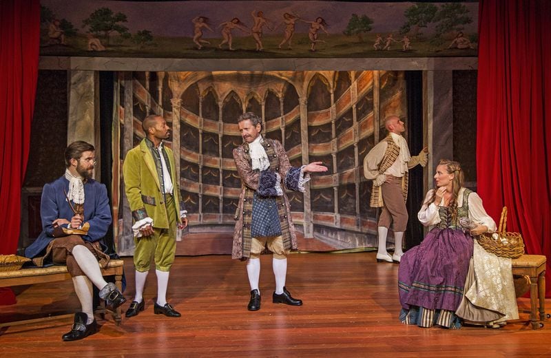 Brandon Connor Partrick (from left), J.L. Reed, Doyle Reynolds, Jeff Hathcoat and Hannah Church in Synchronicity Theatre’s production of “Nell Gwynn,” the 2016 Olivier Award-winning comedy by Jessica Swale that charts the rise of an unlikely heroine from her roots in poverty to her success as Britain’s most-celebrated actress. Contributed by Jerry Siegel / Synchronicity Theatre