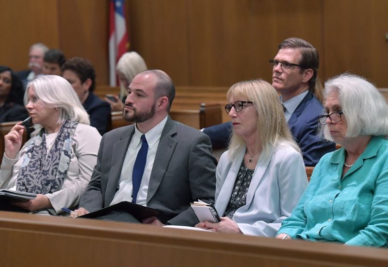From left: Plaintiff Marilyn Marks, attorney Justin Berger, plaintiff Rhonda Martin, plaintiff Smythe DuVal and plaintiff Jeanne DuFort listen during a hearing at Georgia Supreme Court on Tuesday, May 7, 2019. The Georgia Supreme Court is considering an appeal Tuesday of a case alleging tens of thousands of votes disappeared in the race for lieutenant governor. Plaintiffs in the case say Democrat Sarah Riggs Amico could have won if votes hadn't been lost or changed by Georgia's outdated electronic voting machines.  HYOSUB SHIN / HSHIN@AJC.COM
