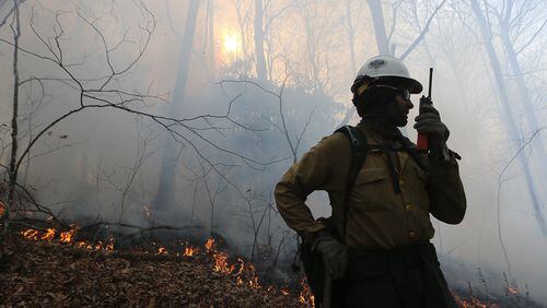 November 22, 2016, Tate City: California fire crew squad boss Layne Whitney commuicates with his crew while they work to hold the northern head of the Rock Mountain Fire on the Appalachian Trail at Deep Gap on Tuesday, Nov. 22, 2016, north of Tate City and the North Carolina border. The area is deep in the Natahala National Forest. Curtis Compton/ccompton@ajc.com