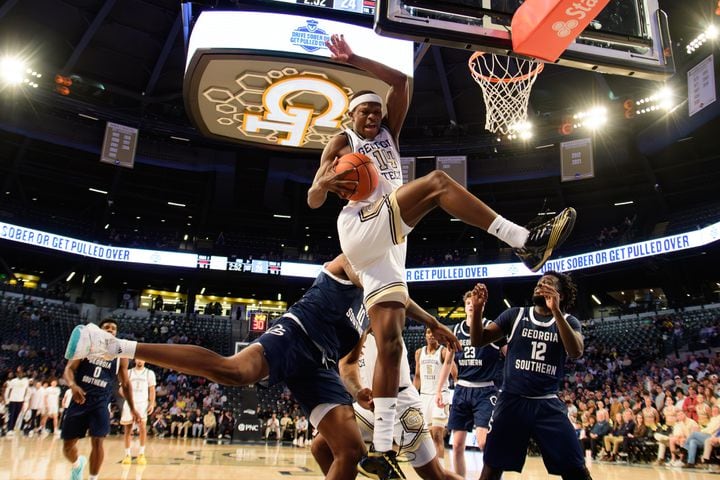 Kowacie Reeves of Georgia Tech comes down with a rebound. (Jamie Spaar for the Atlanta Journal Constitution)