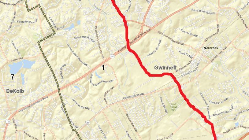 Pavement improvements will begin about a mile from the Fulton/Gwinnett county line in Peachtree Corners and extend south to Interstate 85 through Norcross. (Courtesy GDOT)