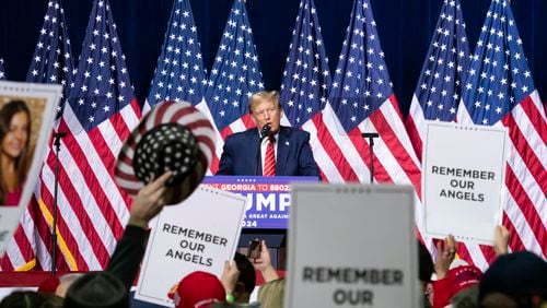 
                        Former President Donald J. Trump speaks at a campaign rally in Rome, Ga., on March 9, 2024. Early in his remarks at what was effectively his first campaign rally of the general election, former President Donald J. Trump on Saturday blasted President Biden’s State of the Union address as an “angry, dark, hate-filled rant” that was more divisive than unifying. (Nicole Craine/The New York Times)
                      