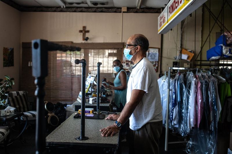 Ponder's Cleaners owners Deborah Ponder, left, and her husband, Roderick Ponder, wait for customers at their business in Atlanta, Saturday, June 13, 2020. BRANDEN CAMP FOR THE ATLANTA JOURNAL-CONSTITUTION