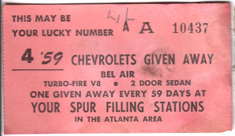 Found in Floy Parker Culbreth's wallet from 1958: two raffle tickets for a chance to win a brand new car. The wallet sat in a hidden closet at Plaza Theatre in Atlanta for 65 years. She did not win the car, by the way. CHRIS ESCOBAR/SPECIAL