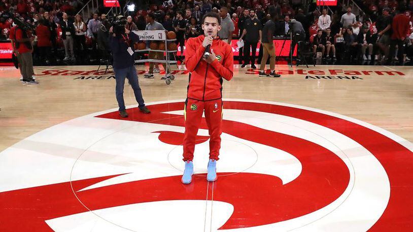 Hawks guard Trae Young welcomes fans to State Farm Arena for this season’s home opener  Oct. 26, 2019.  Curtis Compton / ccompton@ajc.com