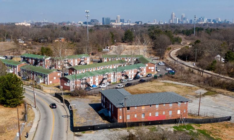An aerial photo of the Historic Danzig Hotel in Atlanta, which is currently vacant and blighted, on Feb. 9, 2021. It's set to be restored into affordable housing for veterans and Black men with substance abuse and mental health issues. (Hyosub Shin / Hyosub.Shin@ajc.com)