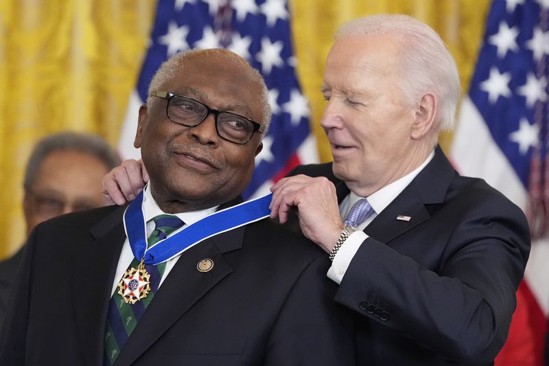 President Joe Biden awards the nation's highest civilian honor, the Presidential Medal of Freedom, to Rep. James Clyburn, D-S.C., during a ceremony in the East Room of the White House, Friday, May 3, 2024, in Washington. (AP Photo/Alex Brandon)