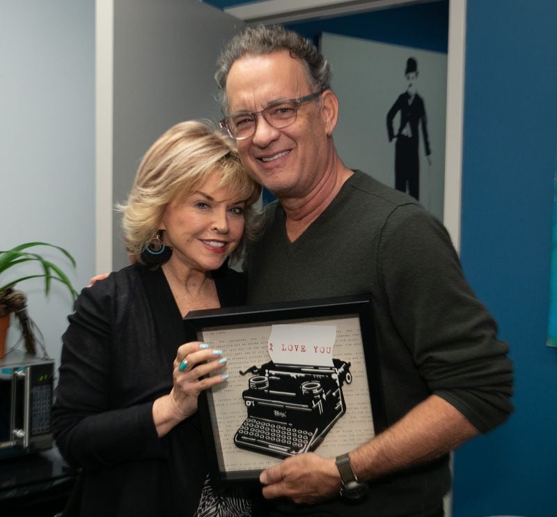 Tom Hanks with Pat Mitchell, who interviewed on stage at the MJCCA Book Festival October 30, 2018.