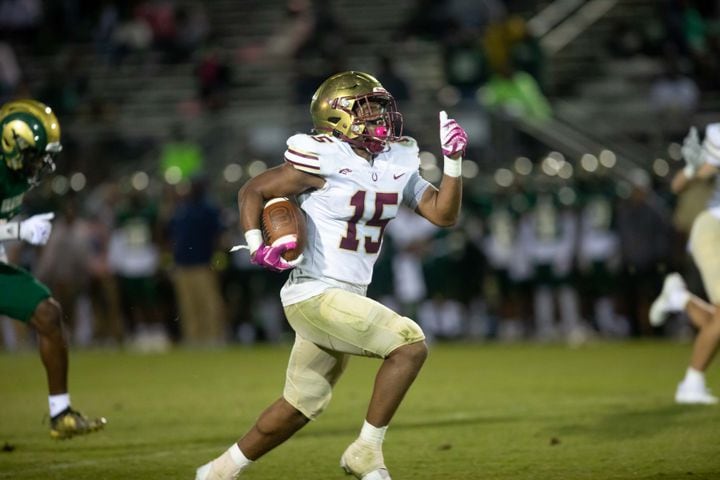 Brookwood's Alexander Diggs (15) scores a touchdown  during a GHSA high school football game between the Grayson Rams and the Brookwood Broncos at Grayson High School in Loganville, Ga. on Friday, October 22, 2021. (Photo/Jenn Finch)