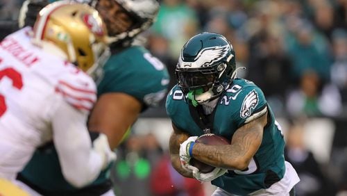 Philadelphia Eagles running back Miles Sanders scores his second touchdown during the first half of the NFC Championship game against the San Francisco 49ers at Lincoln Financial Field on Sunday, Jan. 29, 2023, in Philadelphia. (Monica Herndon/The Philadelphia Inquirer/TNS)