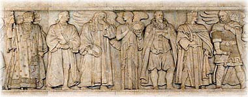 One of the Supreme Court's friezes, from left to right: Napolean Bonaparte, John Marshall, William Blackstone, Right of Man, Hugo Grotius, Louis IX, King John.
