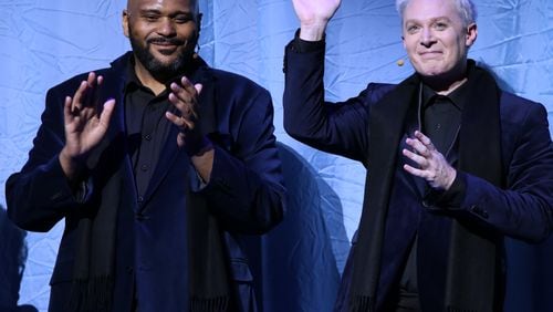 NEW YORK, NY - DECEMBER 11:  Ruben Studdard and Clay Aiken onstage during the opening night curtain call for "Ruben & Clay's First Annual Christmas Show" on December 11, 2018 at the Imperial Theatre in New York City.  (Photo by Walter McBride/Getty Images)