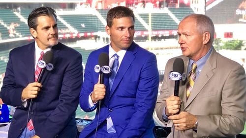 Jeff Francoeur, center, stakes out his spot in the Braves broadcast booth with Chip Caray and Joe Simpson (Photo courtesy Fox Sports South)