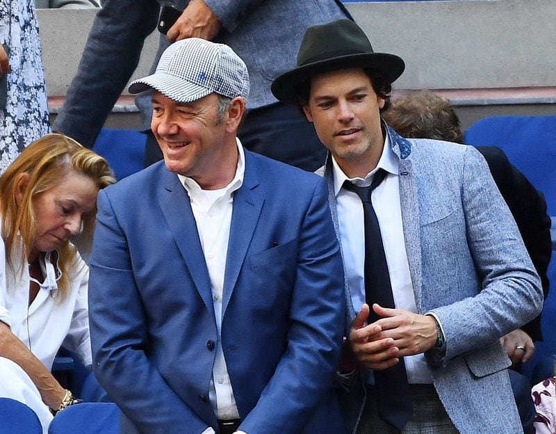 NEW YORK, NY - SEPTEMBER 11: Kevin Spacey, Evan Lowenstein and Guillermo Vilas (C - lower row) attend the Men's Singles Final Match between Novak Djokovic of Serbia and Stan Wawrinka of Switzerland on Day Fourteen of the 2016 US Open at the USTA Billie Jean King National Tennis Center on September 11, 2016 in the Flushing neighborhood of the Queens borough of New York City. (Photo by Alex Goodlett/Getty Images)