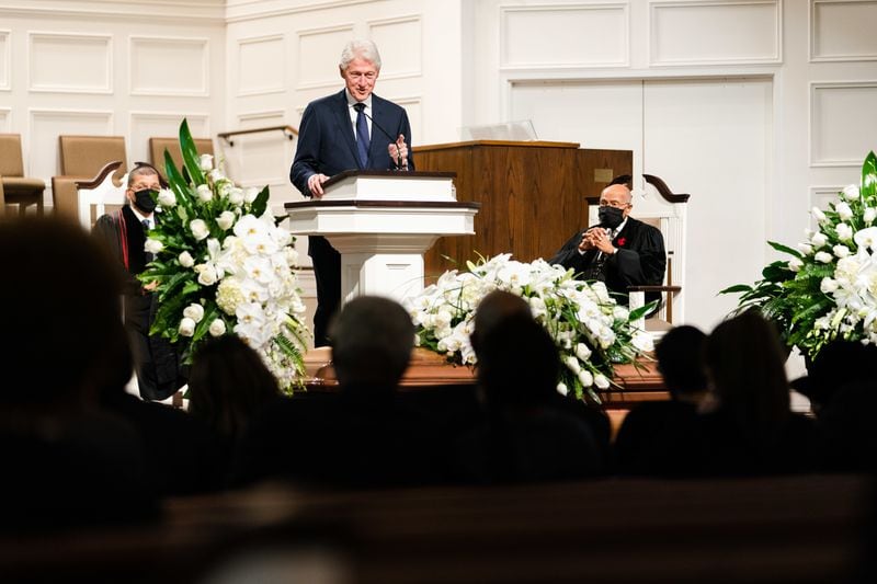 Former President Bill Clinton speaks during funeral services for Henry "Hank" Aaron, longtime Atlanta Braves player and Hall of Famer, on Wednesday, Jan. 27, 2021 at Friendship Baptist Church in Atlanta. Photo by Kevin D. Liles/Atlanta Braves