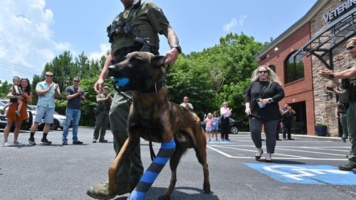 Cpl. Aaron Carlyle escorts out K-9 Kai, who was shot multiple times last month, as Gwinnett County police officers line up and give a round of applause outside North Georgia Veterinary Specialists in Buford on Tuesday, June 14. Kai is a 2-year-old Belgian Malinois that performs dual roles as a patrol and narcotics K-9 officer. The dog has worked with Gwinnett police for less than a year. (Hyosub Shin / Hyosub.Shin@ajc.com)