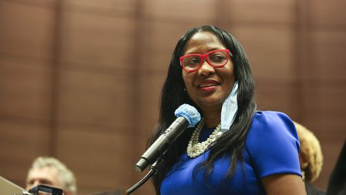 Commissioner Natalie Hall speaks  during a meeting at the Fulton County government building in Atlanta, Georgia, on Wednesday, May 5, 2021. (Rebecca Wright for the Atlanta Journal-Constitution)