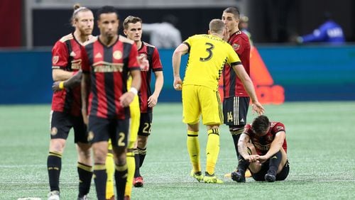 October 26, 2017.   A Columbus Crew pllayer tried to console Atlanta Untied Hector Villalba after the game, the Columbus Crew beat that Atlanta United on shoot-out during a knock out first round of the MLS playoff.