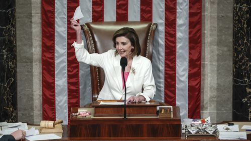 Speaker of the House Nancy Pelosi, D-Calif., presides over the vote for the Build Back Better Act at the U.S. Capitol on Nov. 19, 2021, in Washington, DC. (Anna Moneymaker/Getty Images/TNS)
