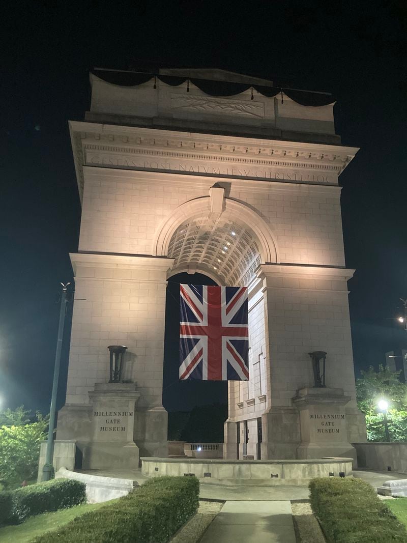 Rodney Mims Cook Jr.'s Millinium Gate Museum draped in the Union Jack to mark the passing of Queen Elizabeth II in 2022.