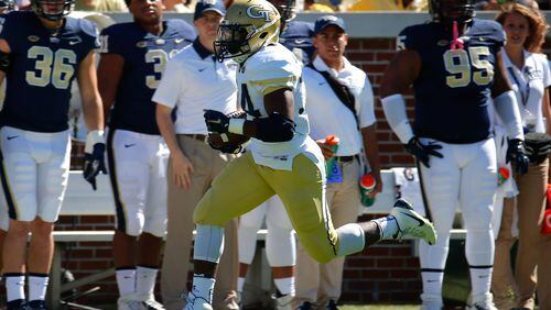 ATLANTA, GA - OCTOBER 17: Marcus Marshall #34 of the Georgia Tech Yellow Jackets rushes for a touchdown against the Pittsburgh Panthers at Bobby Dodd Stadium on October 17, 2015 in Atlanta, Georgia. (Photo by Kevin C. Cox/Getty Images)