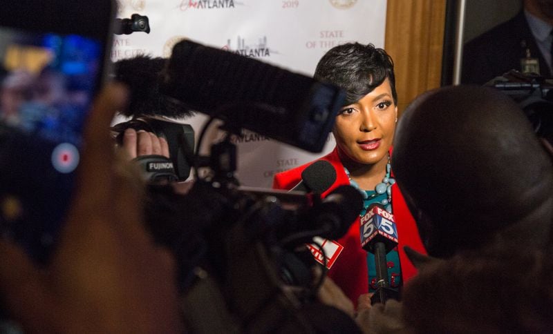 The Honorable Keisha Lance Bottoms, Mayor of Atlanta, speaks to the press after the State Of The City Business Breakfast at the Georgia World Congress Center in Atlanta on Tuesday March 14th, 2019. (Photo by Phil Skinner)