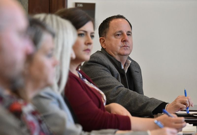 December 18, 2019 Canton - Canton mayor-elect Bill Grant (right) participates in staff meeting at Canton City Hall in Canton on Wednesday, December 18, 2019. The city’s first openly gay mayor, Grant is a former council member, local business owner and community volunteer. (Hyosub Shin / Hyosub.Shin@ajc.com)