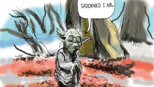 Cartoon by Mike Luckovich, Pulitzer Prize winning cartoonist based in Atlanta Yoda says "Saddened I am"