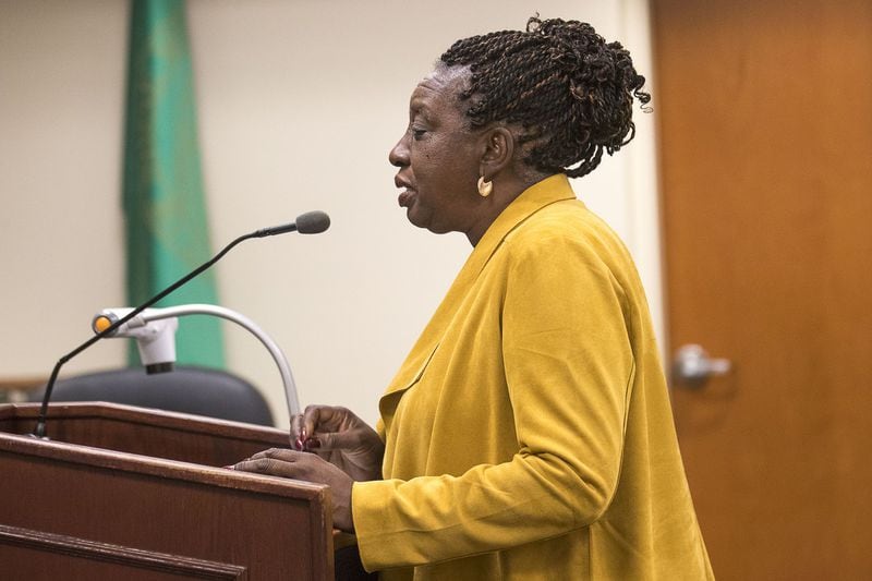 Vivian Moore speaks to City Council members to show her support of the street name change. (Alyssa Pointer/Atlanta Journal Constitution)