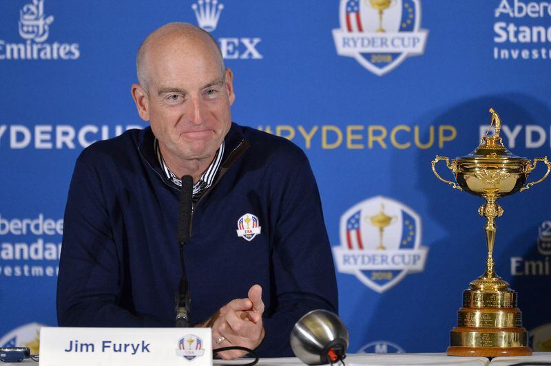 PARIS, FRANCE - OCTOBER 17:  Jim Furyk, Captain of The United States of America speaks during a Ryder Cup 2018 Year to Go Captains Press Conference at the Pullman Paris Tour Eiffel Hotel  on October 17, 2017 in Paris, France.  (Photo by Aurelien Meunier/Getty Images)