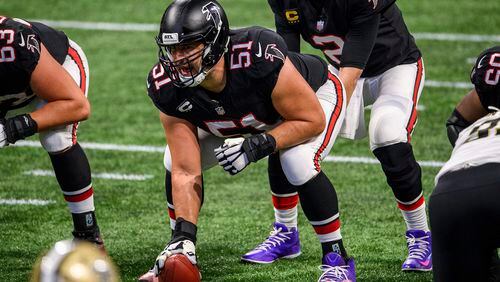 Atlanta Falcons center Alex Mack (51) lines up during the second half of an NFL football game against the New Orleans Saints, Sunday, Dec. 6, 2020, in Atlanta. The New Orleans Saints won 21-16. (AP Photo/Danny Karnik)
